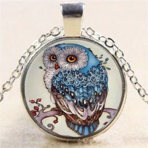 New Owl Glass Cabochon Silver Necklace
